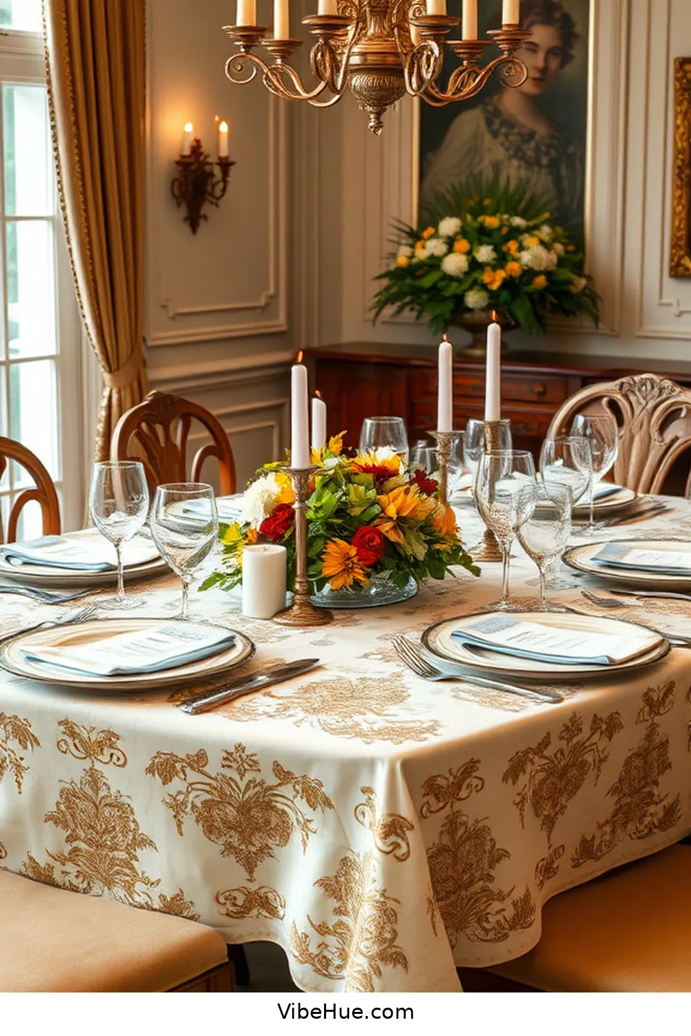 Incorporate an Elegant Tablecloth for 15 Essential Decor Ideas for a Holiday Dining Room in Traditional Style
