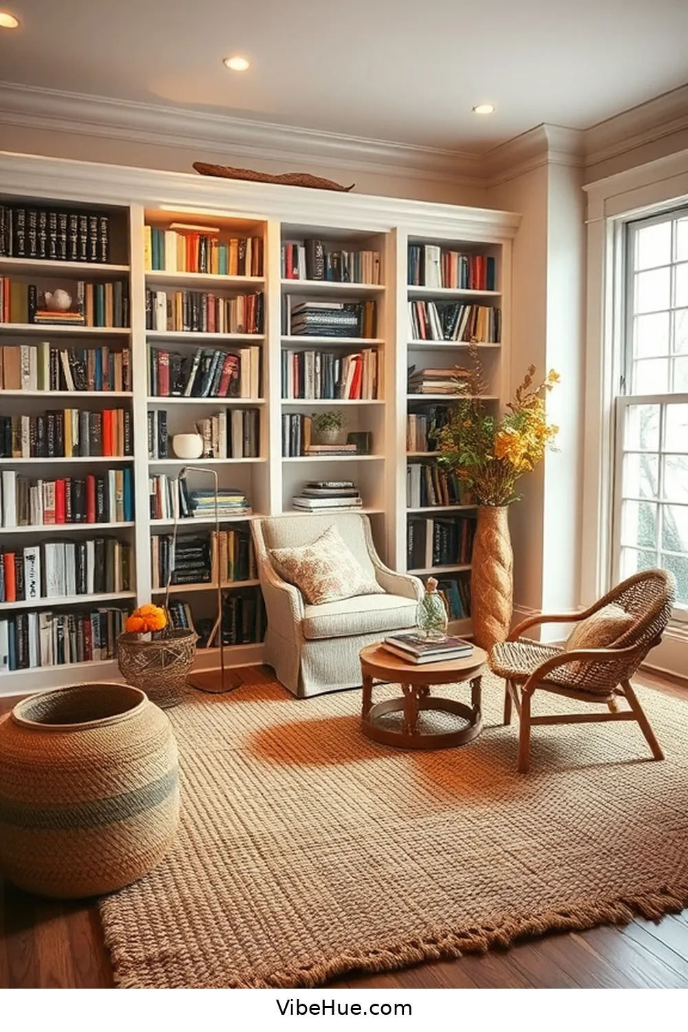 Utilize Jute or Sisal Rugs for 15 Ways to Create a Fall Library With Coastal Style