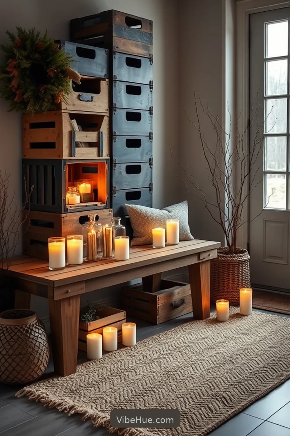 Set the Atmosphere With Scented Candles for 15 Ways to Style a Winter Entryway in Industrial Flair