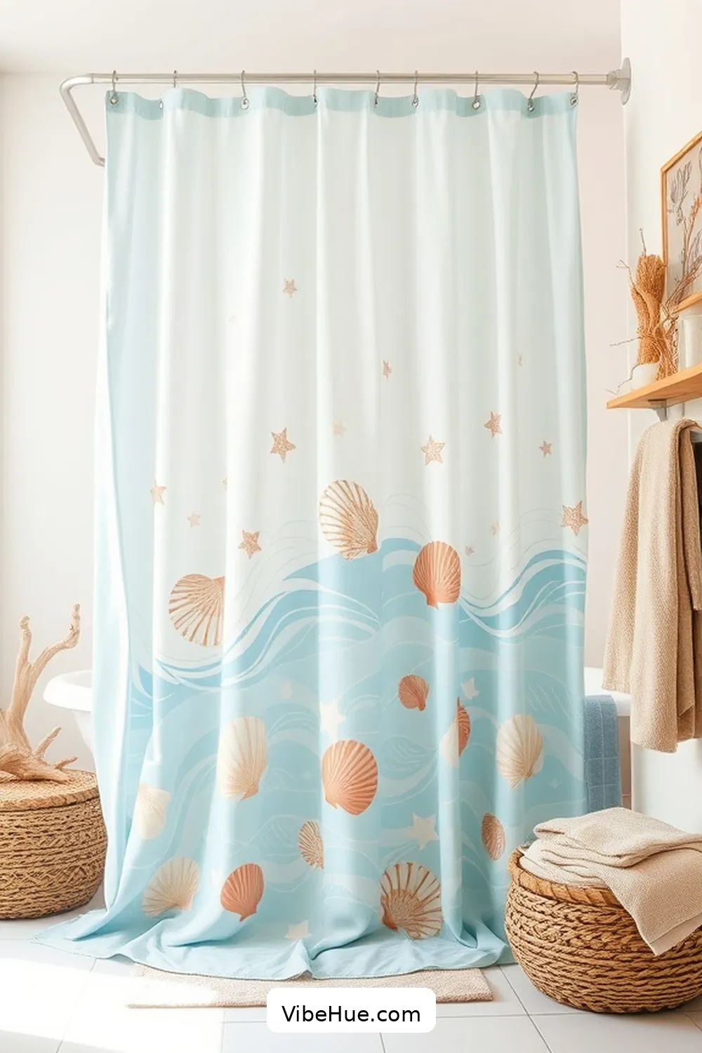 Hang a Beachy Shower Curtain for 16 Ways to Achieve Coastal Style in Your Fall Bathroom