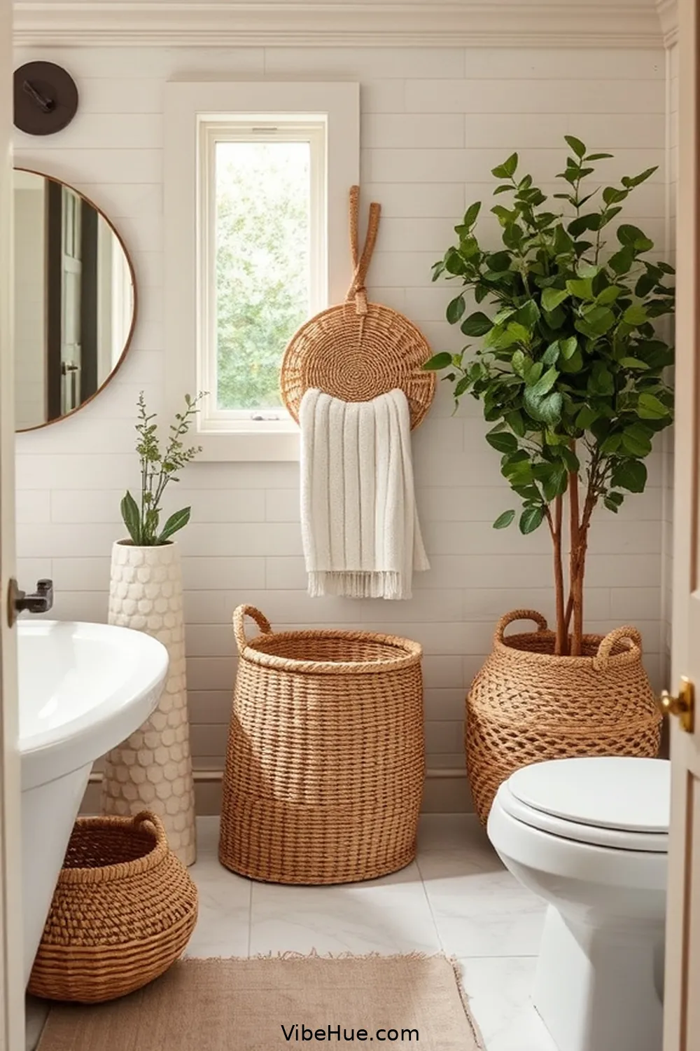 Mix in Woven Baskets for 16 Ways to Achieve Coastal Style in Your Fall Bathroom