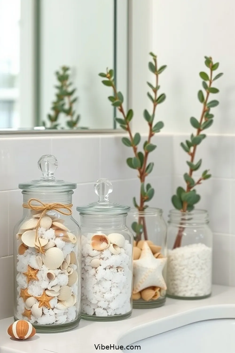 Utilize Glass Jars for Storage for 16 Ways to Achieve Coastal Style in Your Fall Bathroom