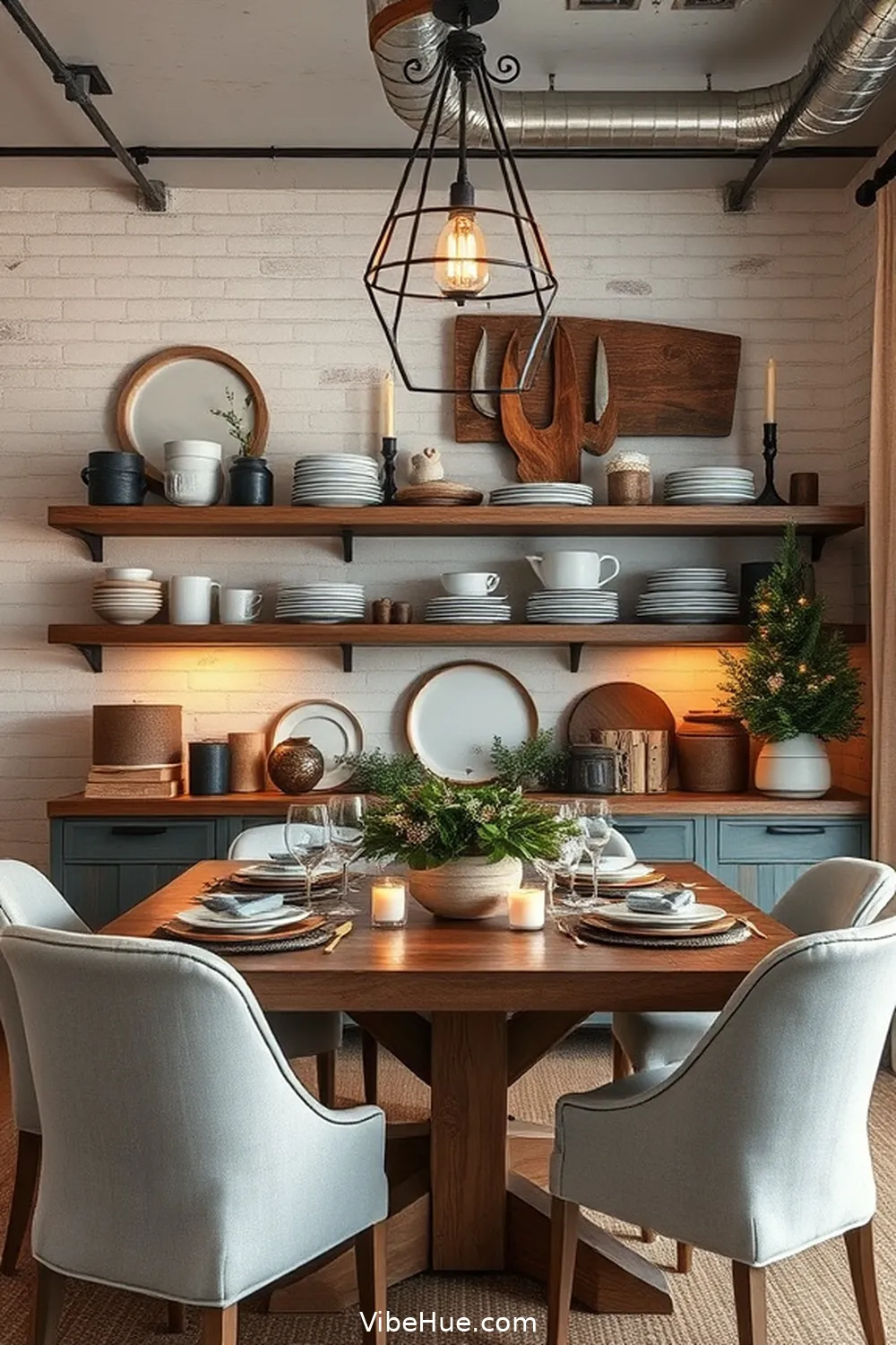 Incorporate Open Shelving for 16 Ways to Create an Industrial Style Holiday Dining Room