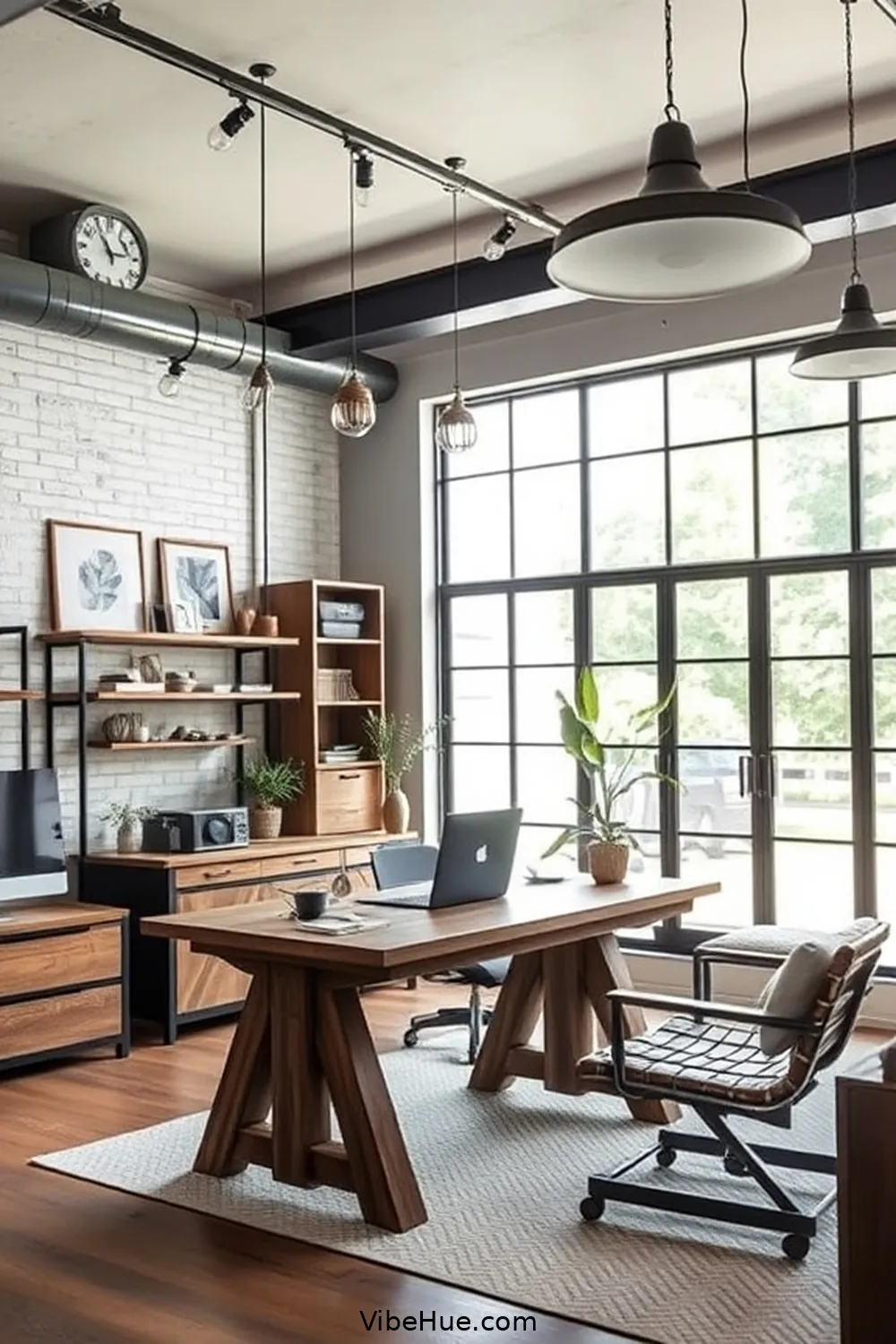 Use Exposed Lighting Fixtures for 18 Key Elements for a Summer Home Office in Industrial Style