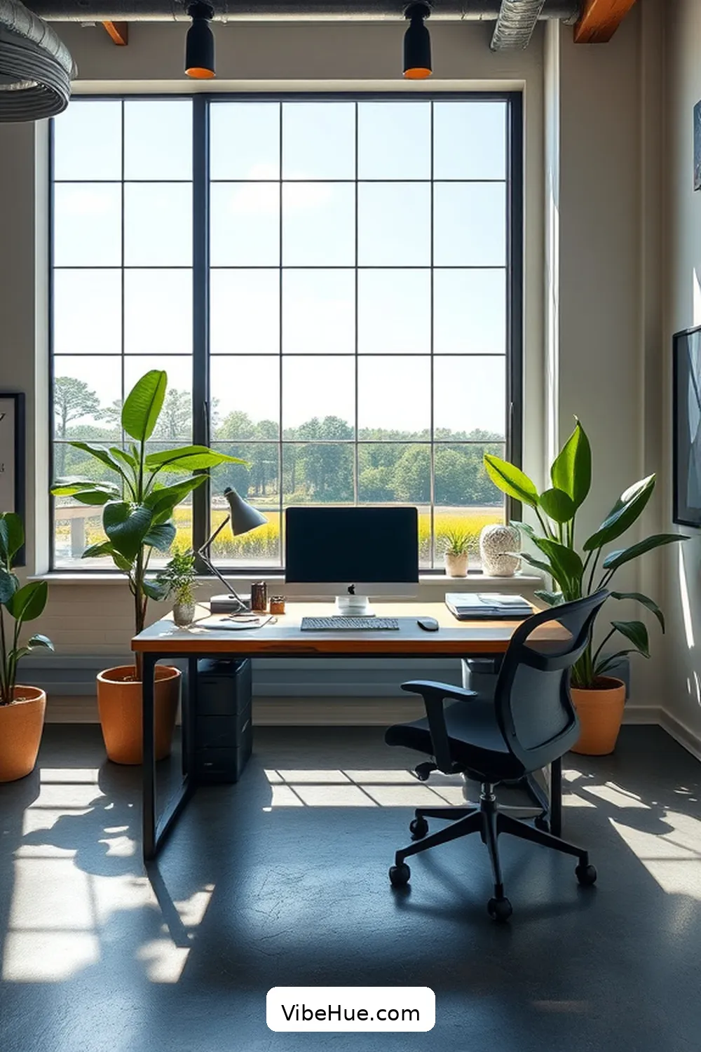 Utilize Large Windows for 18 Key Elements for a Summer Home Office in Industrial Style