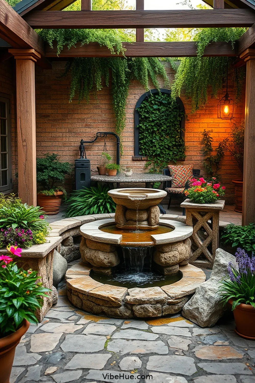 19 Tips for Year-Round Rustic Style Outdoor Patio Design 11 Add a Water Feature for 19 Tips for Year-Round Rustic Style Outdoor Patio Design