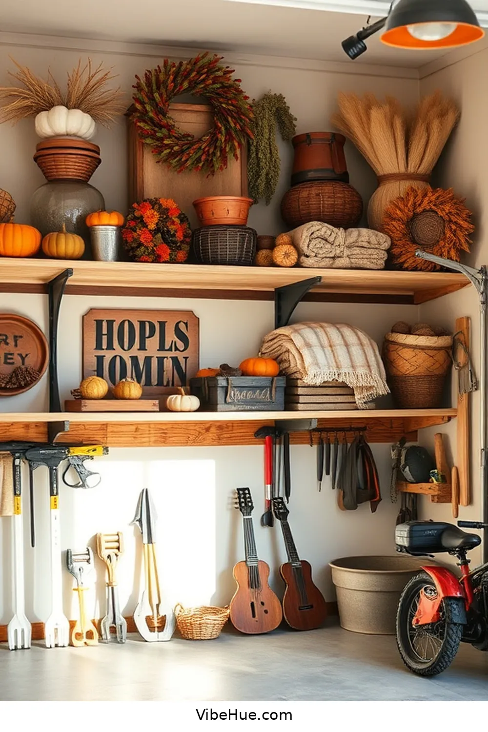 19 Ways to Create a Cozy Fall Garage in Modern Farmhouse Style 3 2. Add Rustic Shelving for Storage for 19 Ways to Create a Cozy Fall Garage in Modern Farmhouse Style