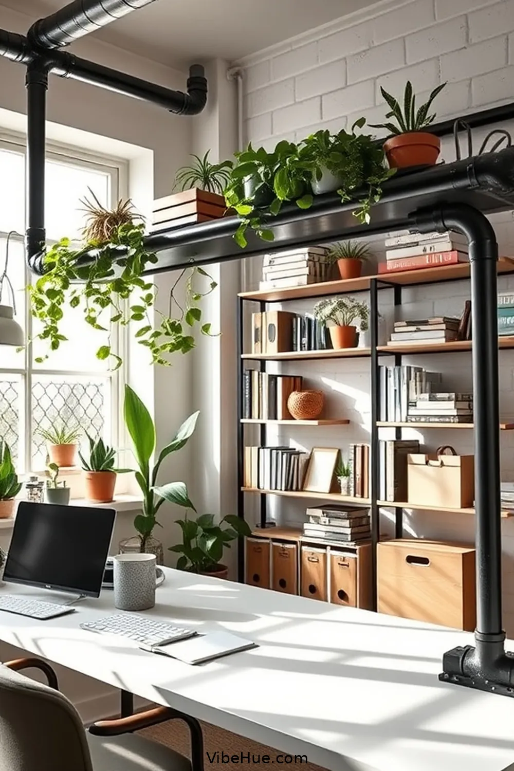 19 Ways to Refresh Your Spring Home Office With Industrial Style 17 Hang a Overhead Pipe Rack for Storage for 19 Ways to Refresh Your Spring Home Office With Industrial Style