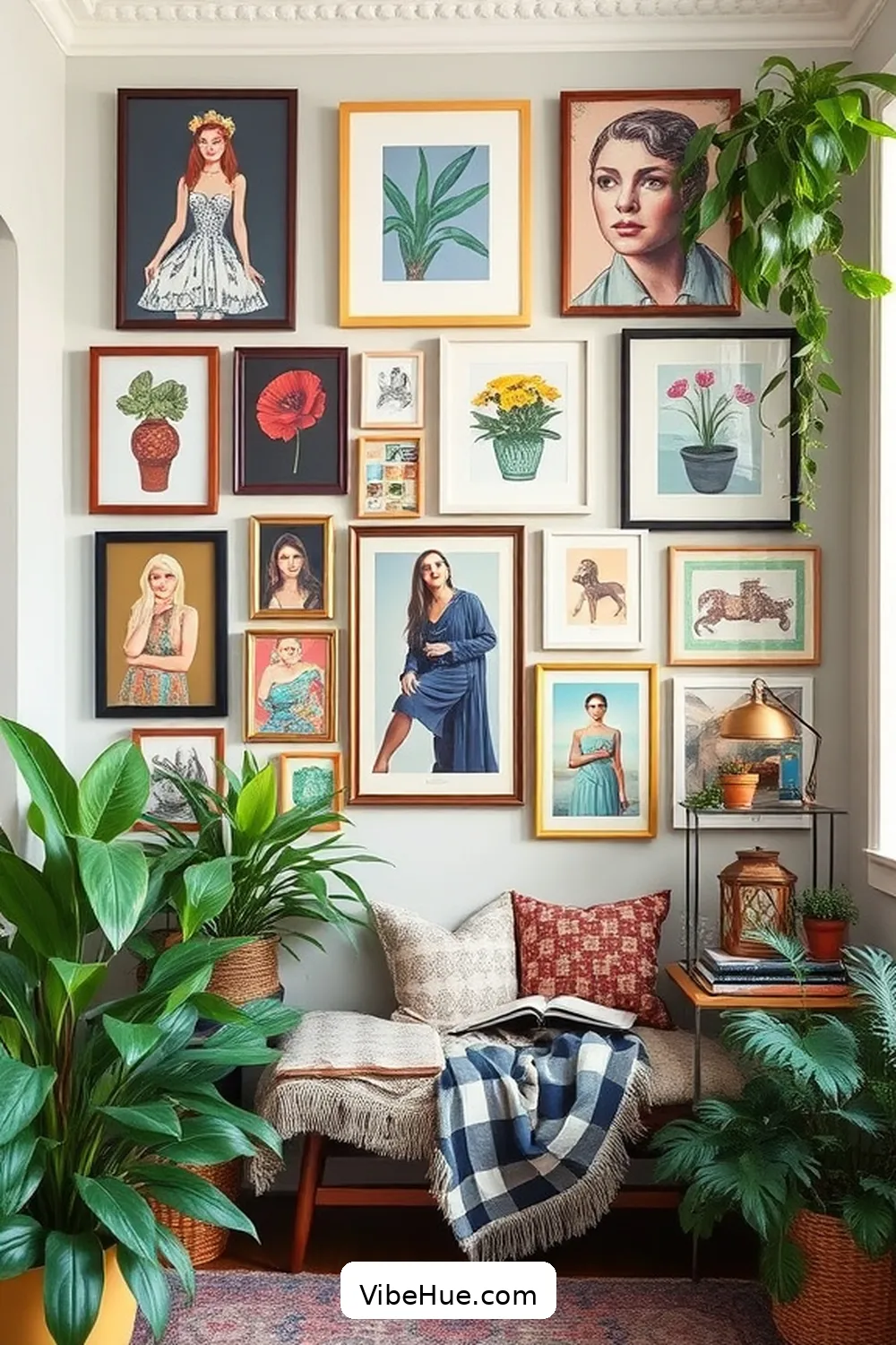 20 Bohemian Style Design Ideas for Your Spring Library 15 Create a Gallery Wall With Framed Prints for 20 Bohemian Style Design Ideas for Your Spring Library
