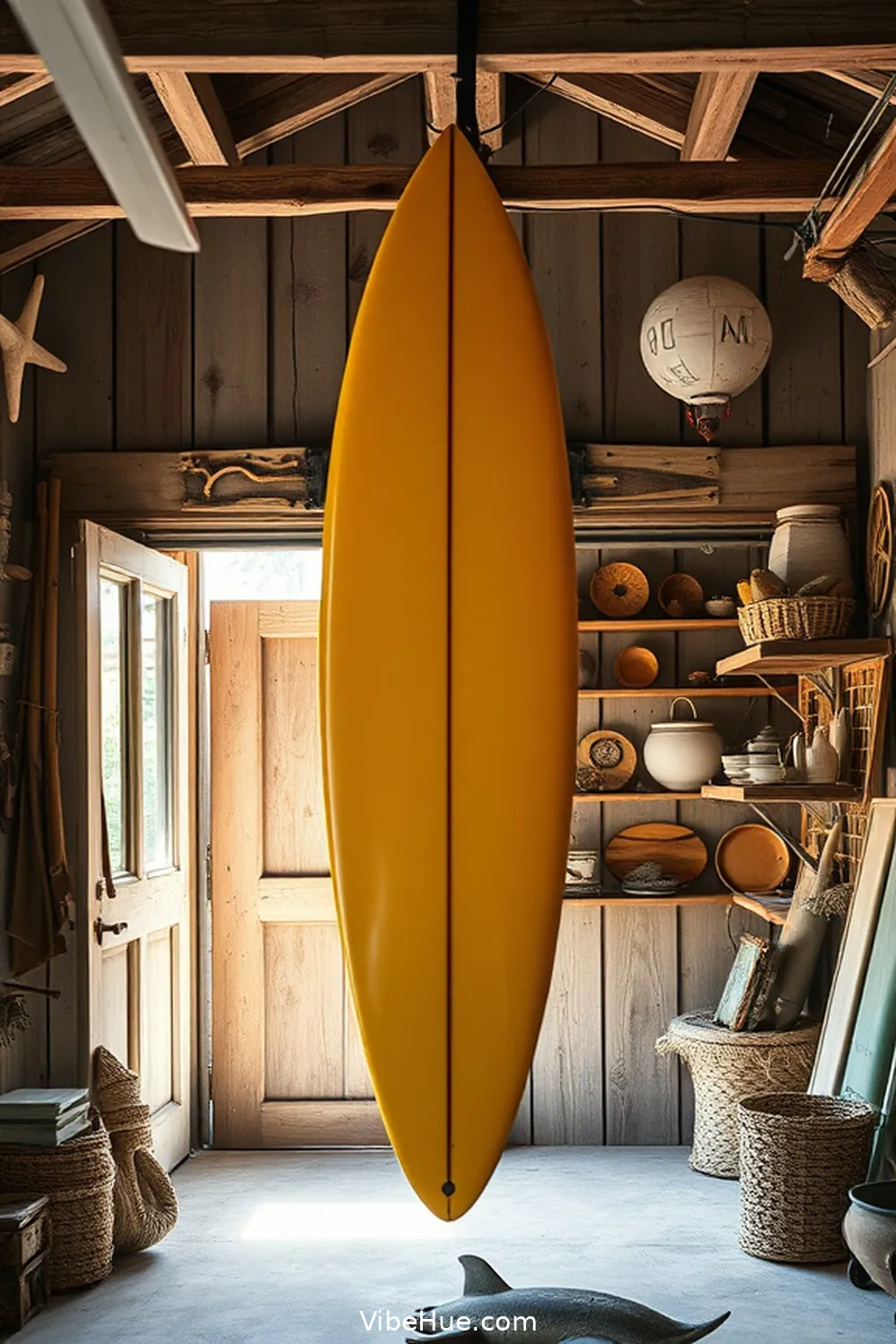 Hang a Surfboard for a Statement Piece for 20 Coastal Style Ideas to Refresh Your Spring Garage