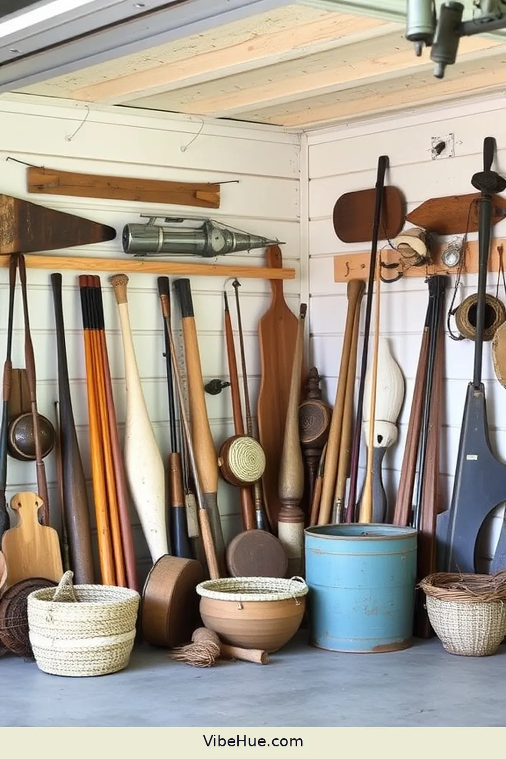 Utilize Vintage Fishing Gear as Decor for 20 Coastal Style Ideas to Refresh Your Spring Garage