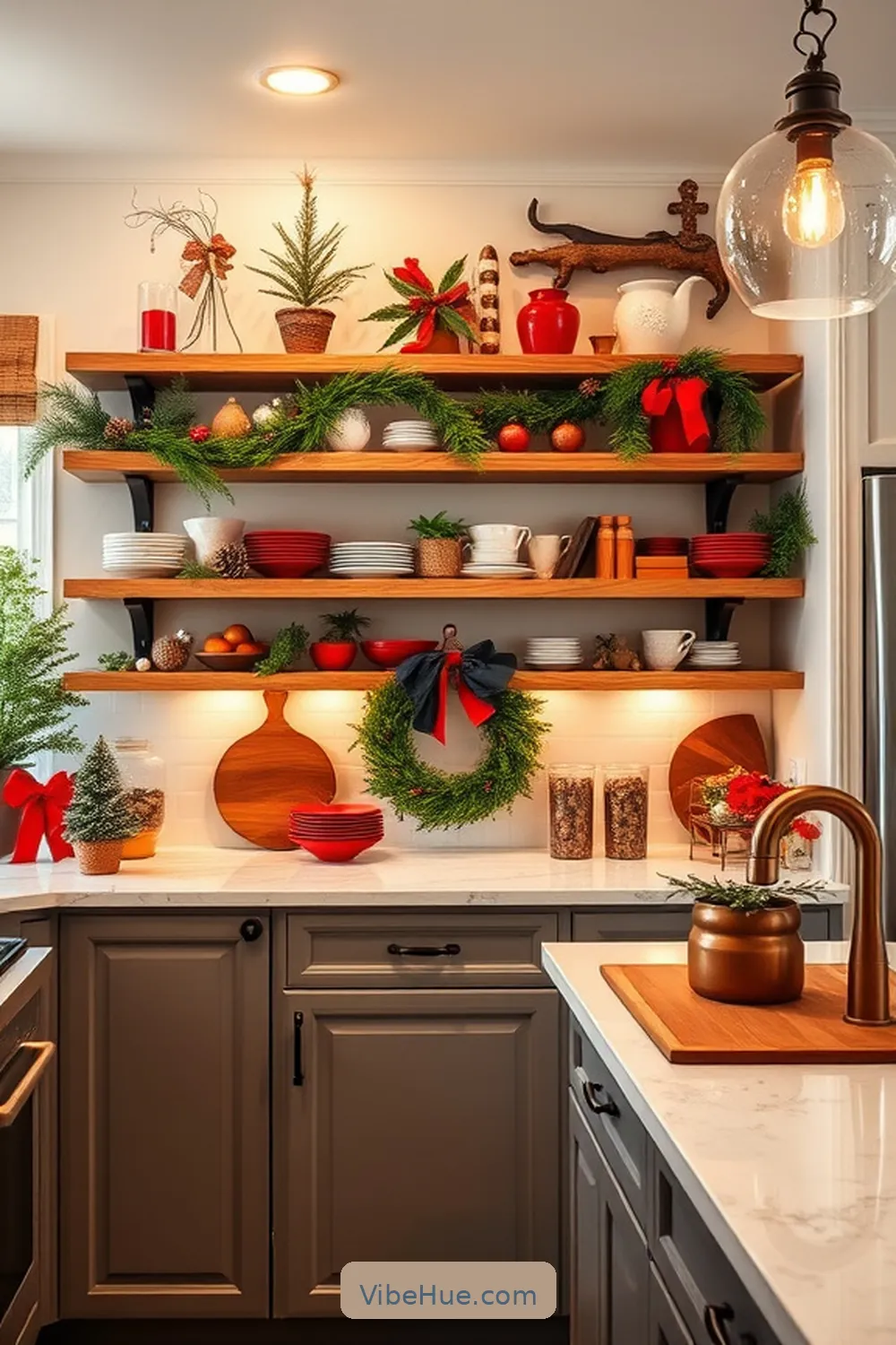 20 Contemporary Style Ideas for a Holiday Kitchen 5 Use Open Shelving for Seasonal Displays for 20 Contemporary Style Ideas for a Holiday Kitchen
