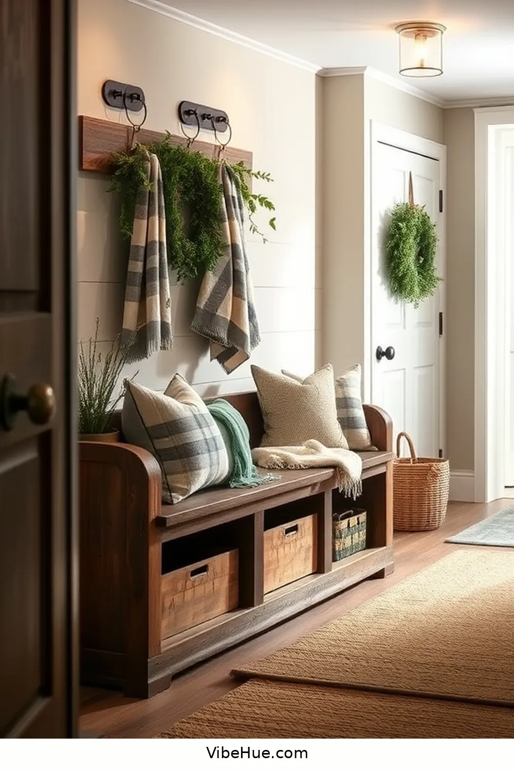 20 Cozy Ideas for a Winter Hallway in Modern Farmhouse Style 15 Use a Bench With Storage for 20 Cozy Ideas for a Winter Hallway in Modern Farmhouse Style