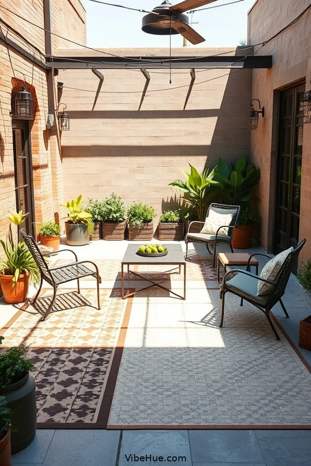 20 Industrial Style Ideas for Your Summer Outdoor Patio 19 Integrate Outdoor Rugs With Geometric Patterns for 20 Industrial Style Ideas for Your Summer Outdoor Patio