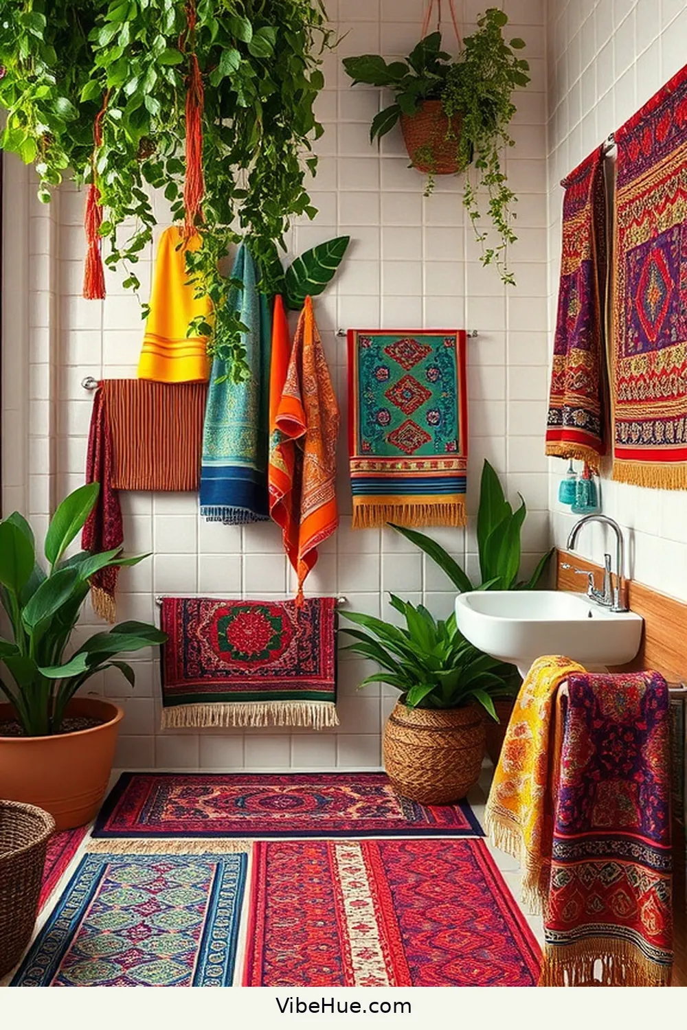Display Colorful Towels and Mats for 20 Ways to Create a Bohemian Style Summer Bathroom