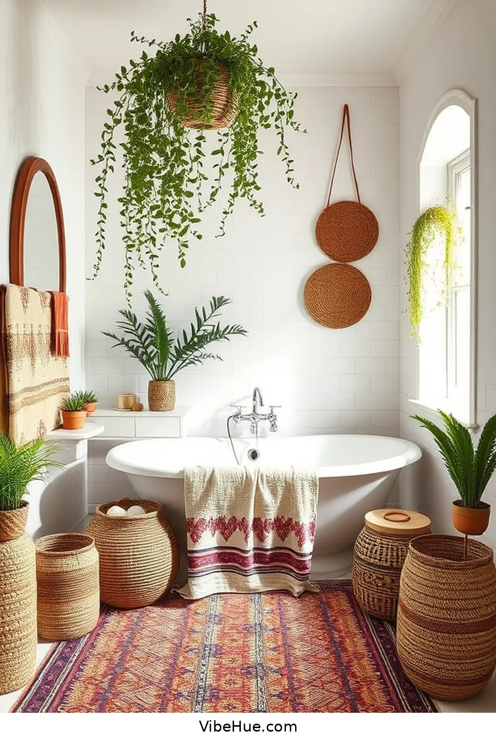 Layer Textiles With Pattern and Texture for 20 Ways to Create a Bohemian Style Summer Bathroom
