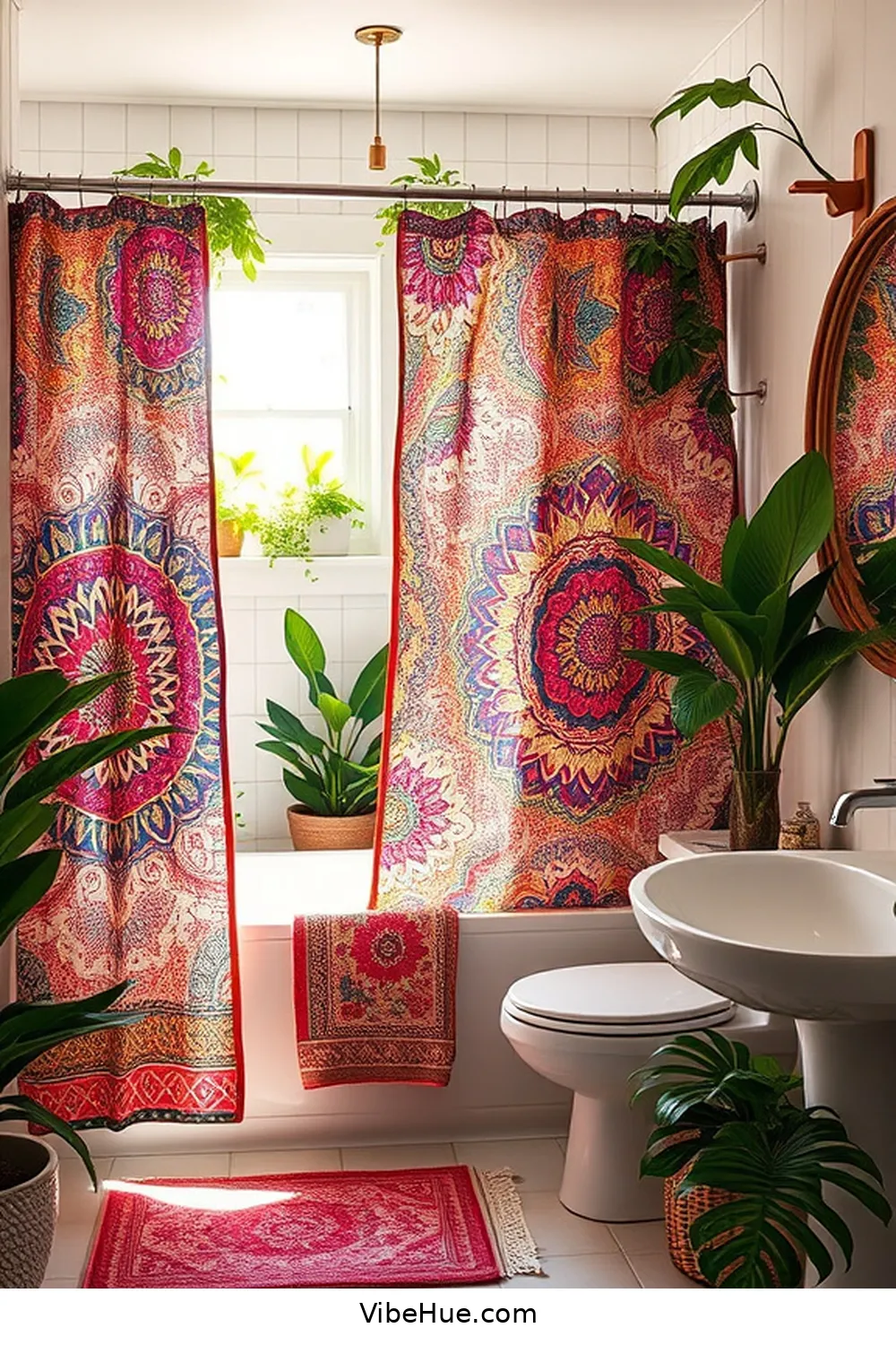 Use Bold and Artistic Shower Curtains for 20 Ways to Create a Bohemian Style Summer Bathroom