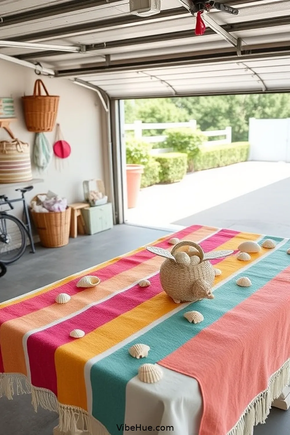 20 Ways to Create a Coastal Style Holiday Garage 15 Use Beach Towels as Table Coverings for 20 Ways to Create a Coastal Style Holiday Garage