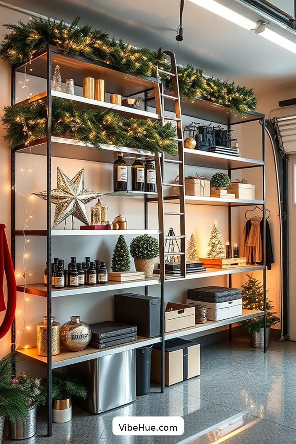 Install Stylish Shelving for 20 Ways to Create a Modern Glam Holiday Garage Style