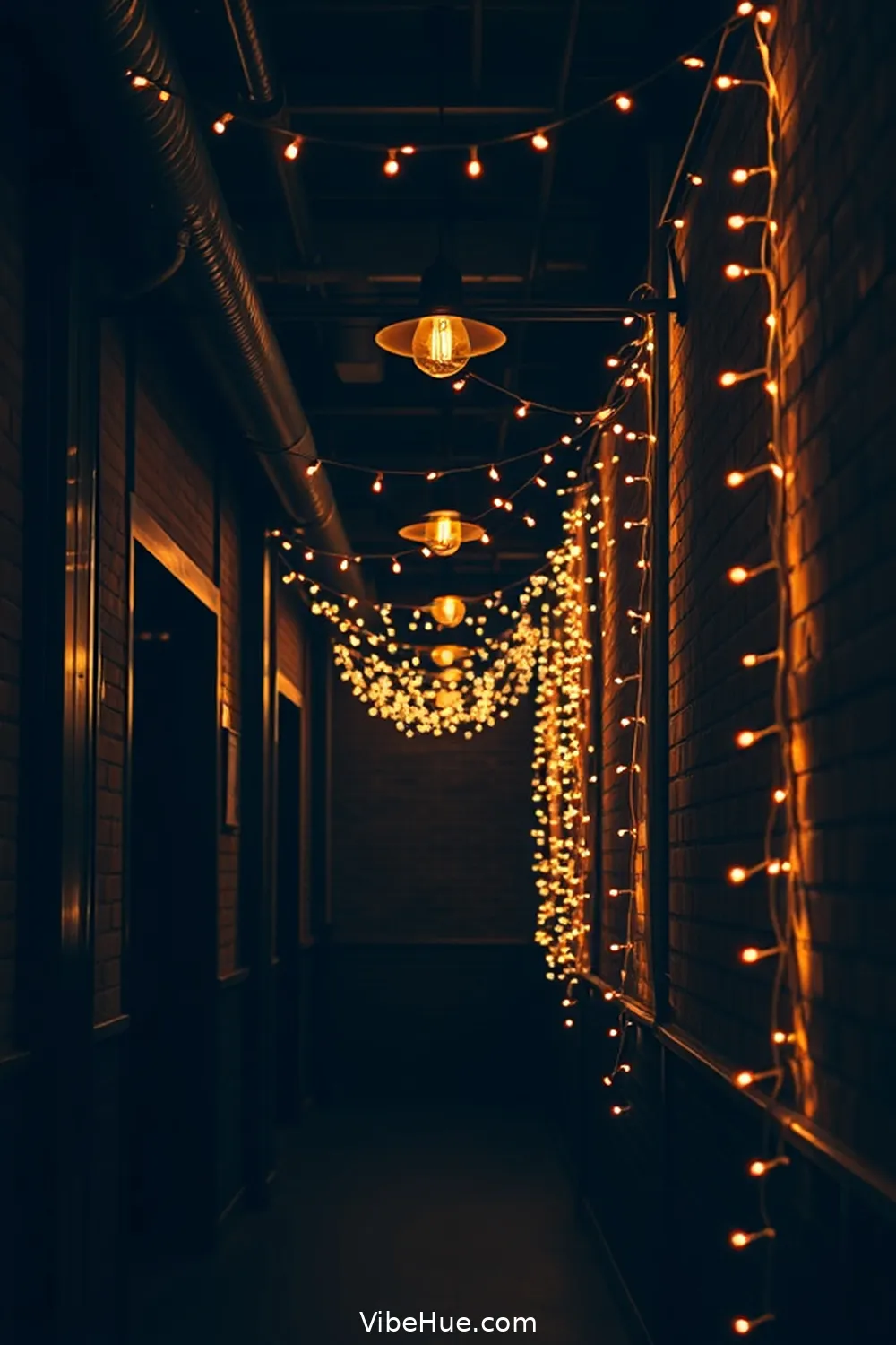 Hang Strings of Lights for a Magical Glow for 20 Ways to Create an Industrial Style Holiday Hallway