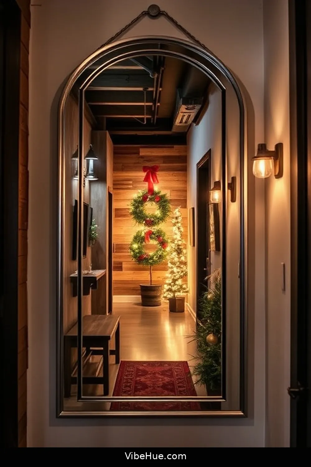 Incorporate a Statement Mirror for 20 Ways to Create an Industrial Style Holiday Hallway