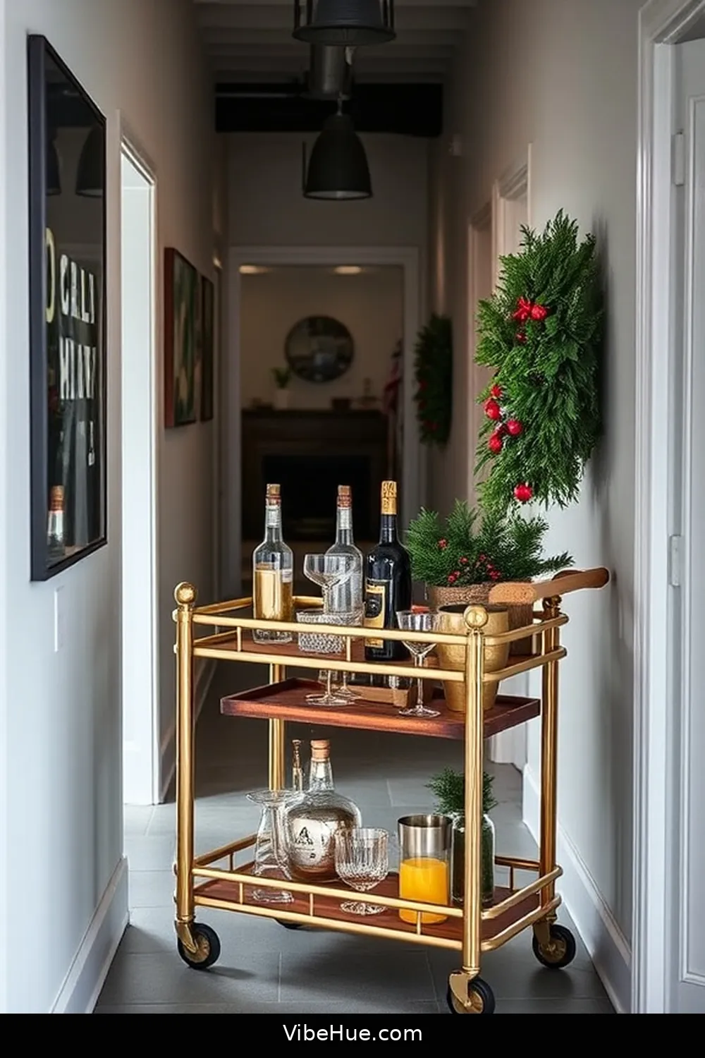 Set Up a Mini Holiday Bar Cart for 20 Ways to Create an Industrial Style Holiday Hallway