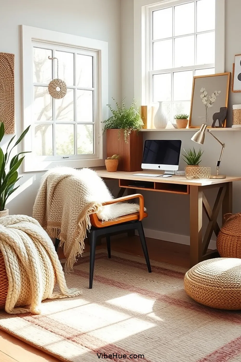 Add Cozy Textiles for 21 Inspiring Holiday Home Office Ideas in Modern Farmhouse Style