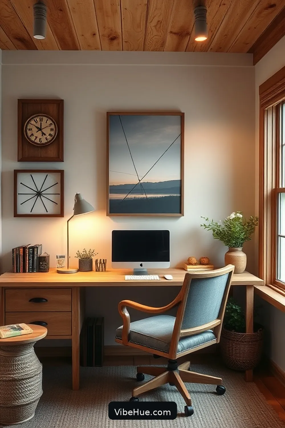 Add Farmhouse-Inspired Wall Art for 21 Inspiring Holiday Home Office Ideas in Modern Farmhouse Style