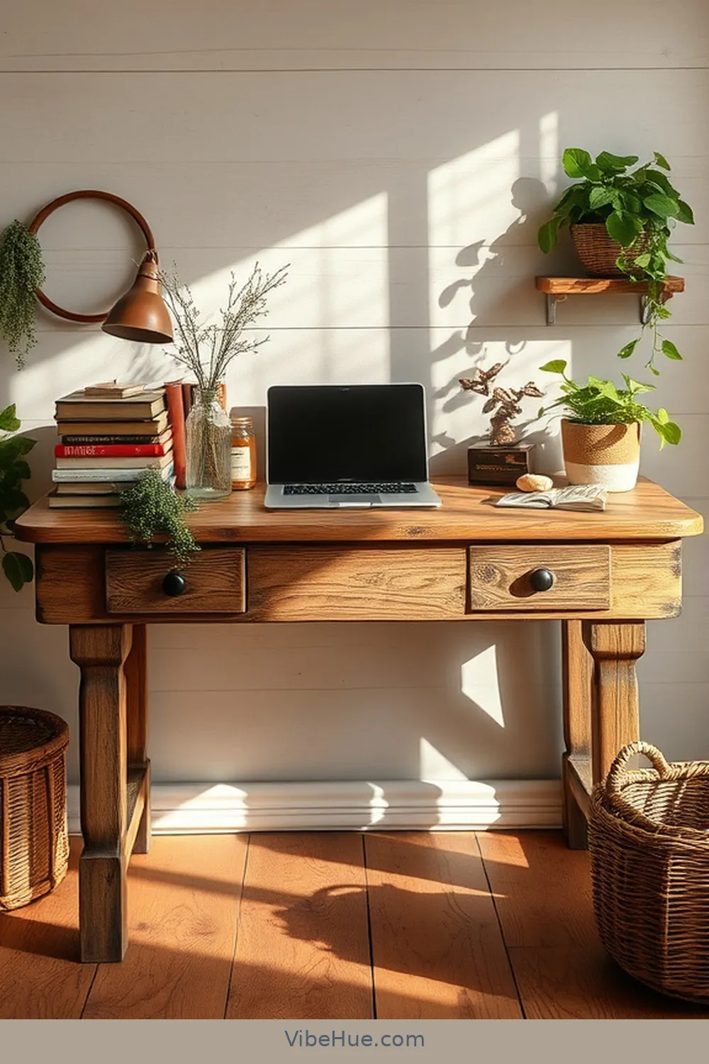 Add a Rustic Desk for 21 Inspiring Holiday Home Office Ideas in Modern Farmhouse Style