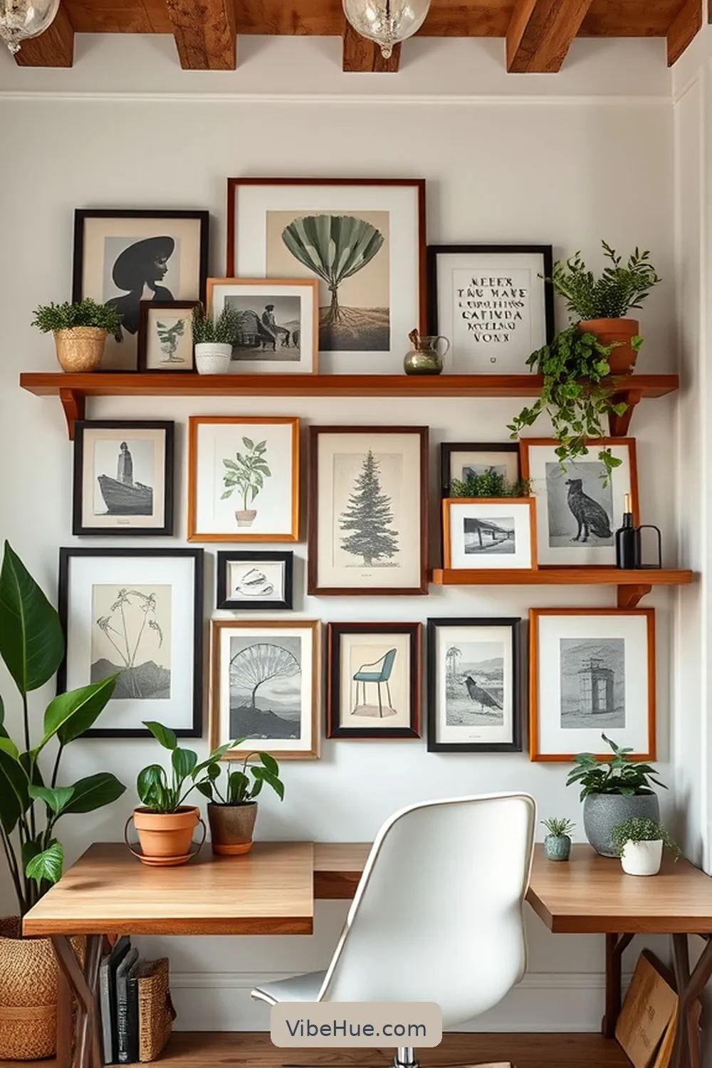 Create a Gallery Wall for 21 Inspiring Holiday Home Office Ideas in Modern Farmhouse Style