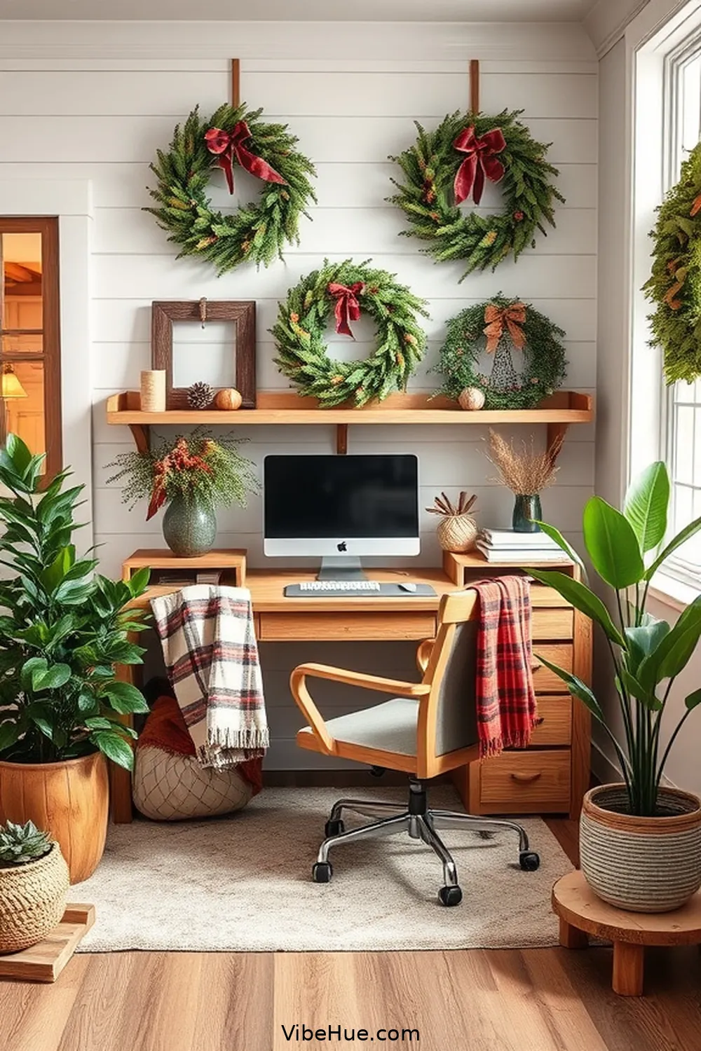 Introduce Seasonal Decor for 21 Inspiring Holiday Home Office Ideas in Modern Farmhouse Style