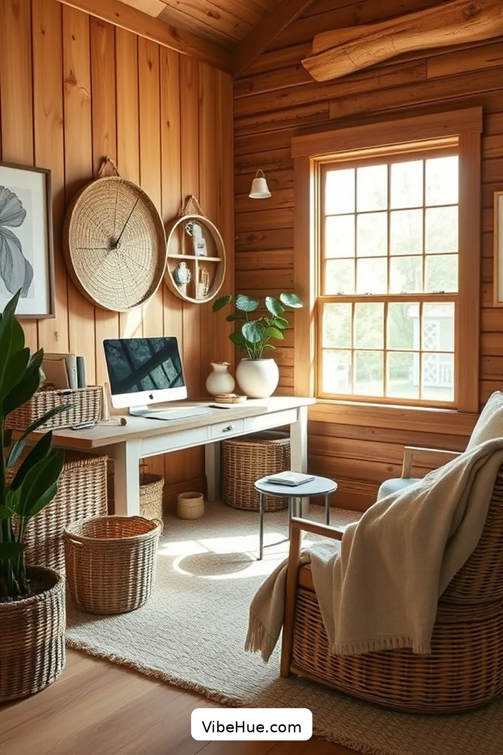 Use Woven Baskets for Storage for 21 Inspiring Holiday Home Office Ideas in Modern Farmhouse Style