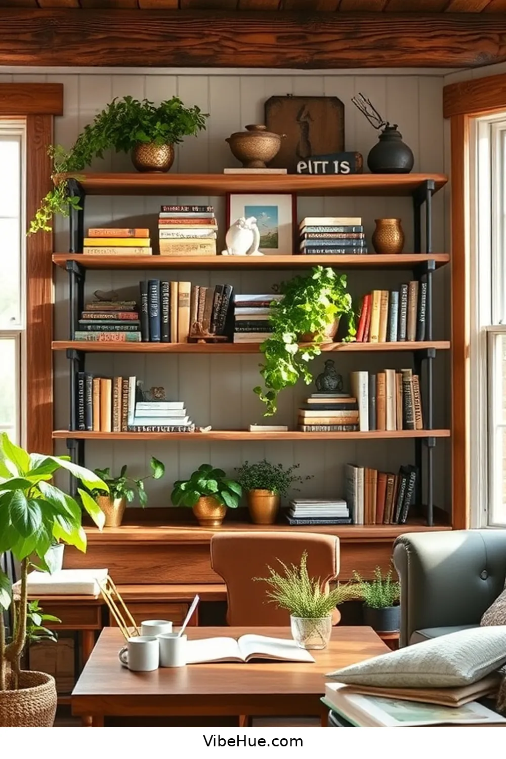 Utilize Open Shelving for 21 Inspiring Holiday Home Office Ideas in Modern Farmhouse Style