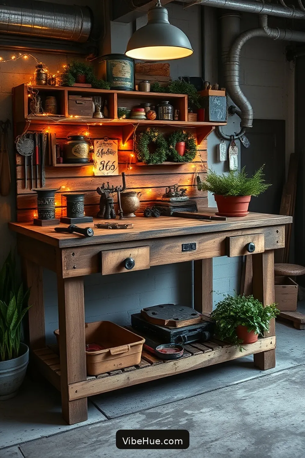 21 Tips for a Holiday Garage With Industrial Style 10 Create a Focal Point With an Antique Workbench for 21 Tips for a Holiday Garage With Industrial Style