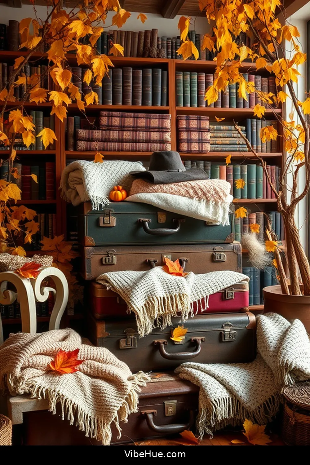 21 Ways to Create a Rustic Fall Library Style 17 Use Vintage Suitcases for Storage for 21 Ways to Create a Rustic Fall Library Style
