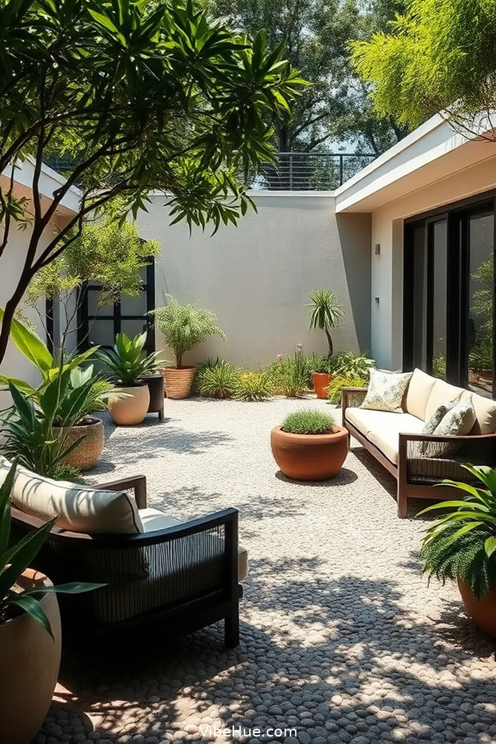 Create Zones With Pebble Paths for 21 Ways to Create a Spring Outdoor Patio in Mid-Century Modern Style