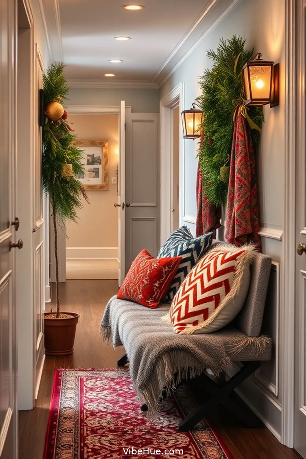 Layer Textures With Cozy Throws and Pillows for 22 Contemporary Holiday Hallway Ideas for Your Home Style
