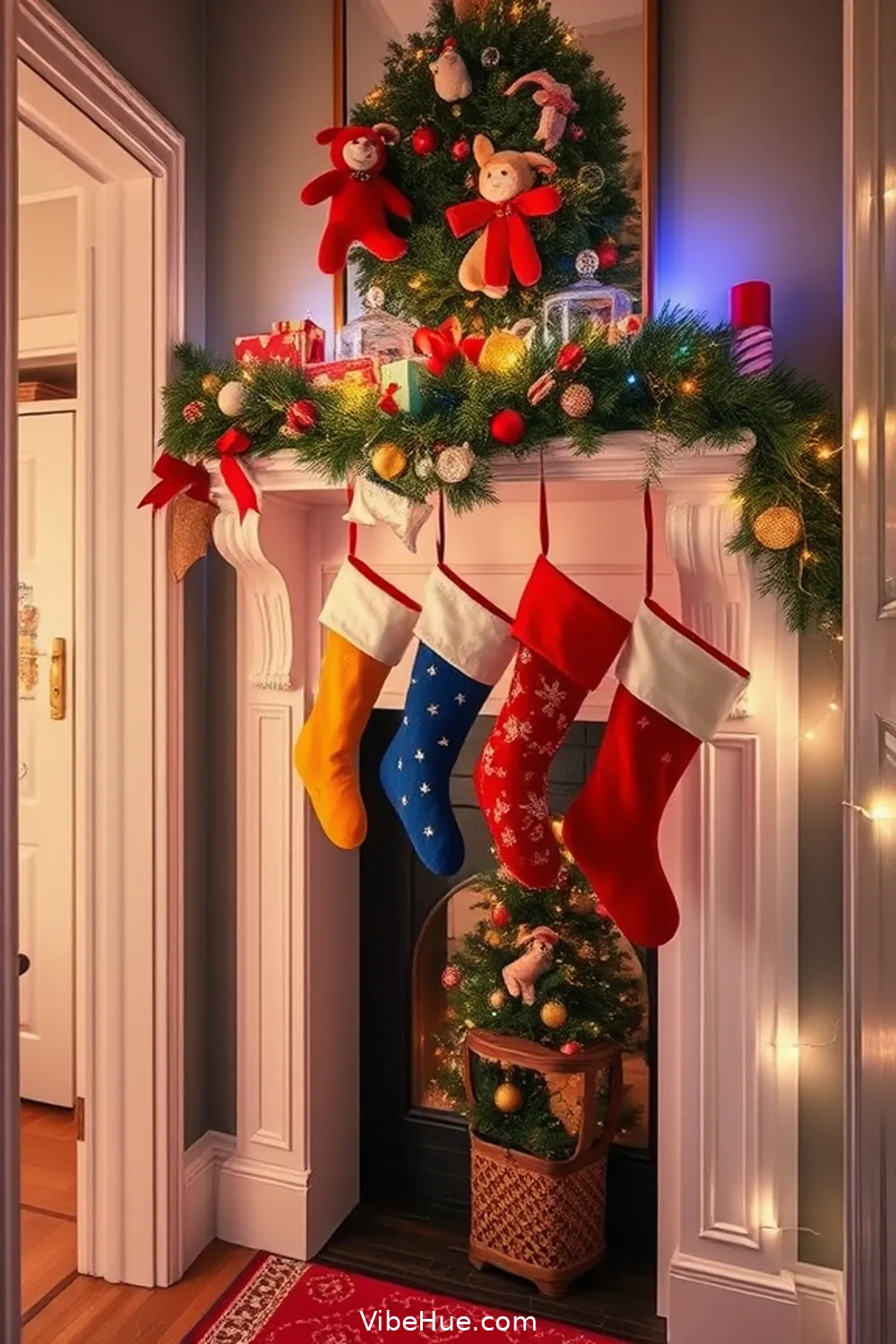 Use Colorful Stockings as a Decorative Element for 22 Contemporary Holiday Hallway Ideas for Your Home Style