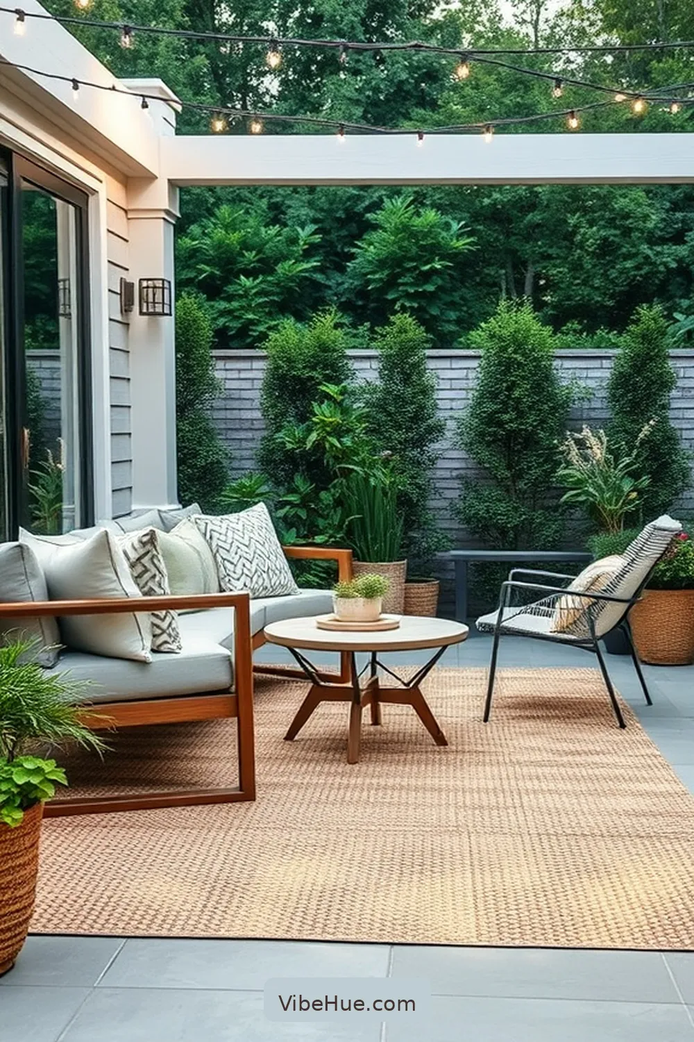 Utilize Functional Outdoor Rugs for 22 Minimalist Decor Ideas for Holiday Outdoor Patio Style