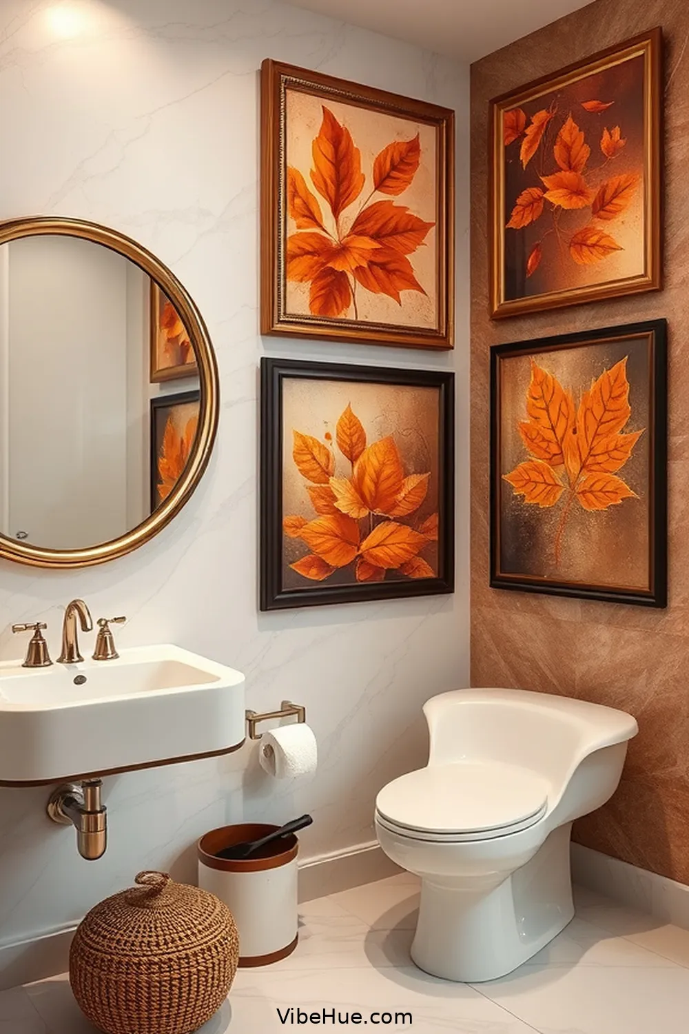 Add Autumn-Inspired Artwork for 22 Ways to Achieve Fall Bathroom Modern Glam Style
