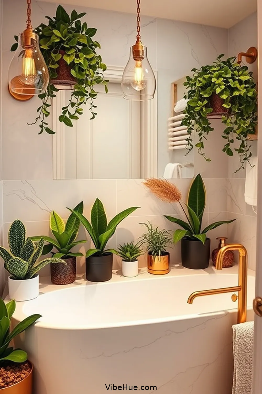 Add Greenery With Potted Plants for 22 Ways to Achieve Fall Bathroom Modern Glam Style