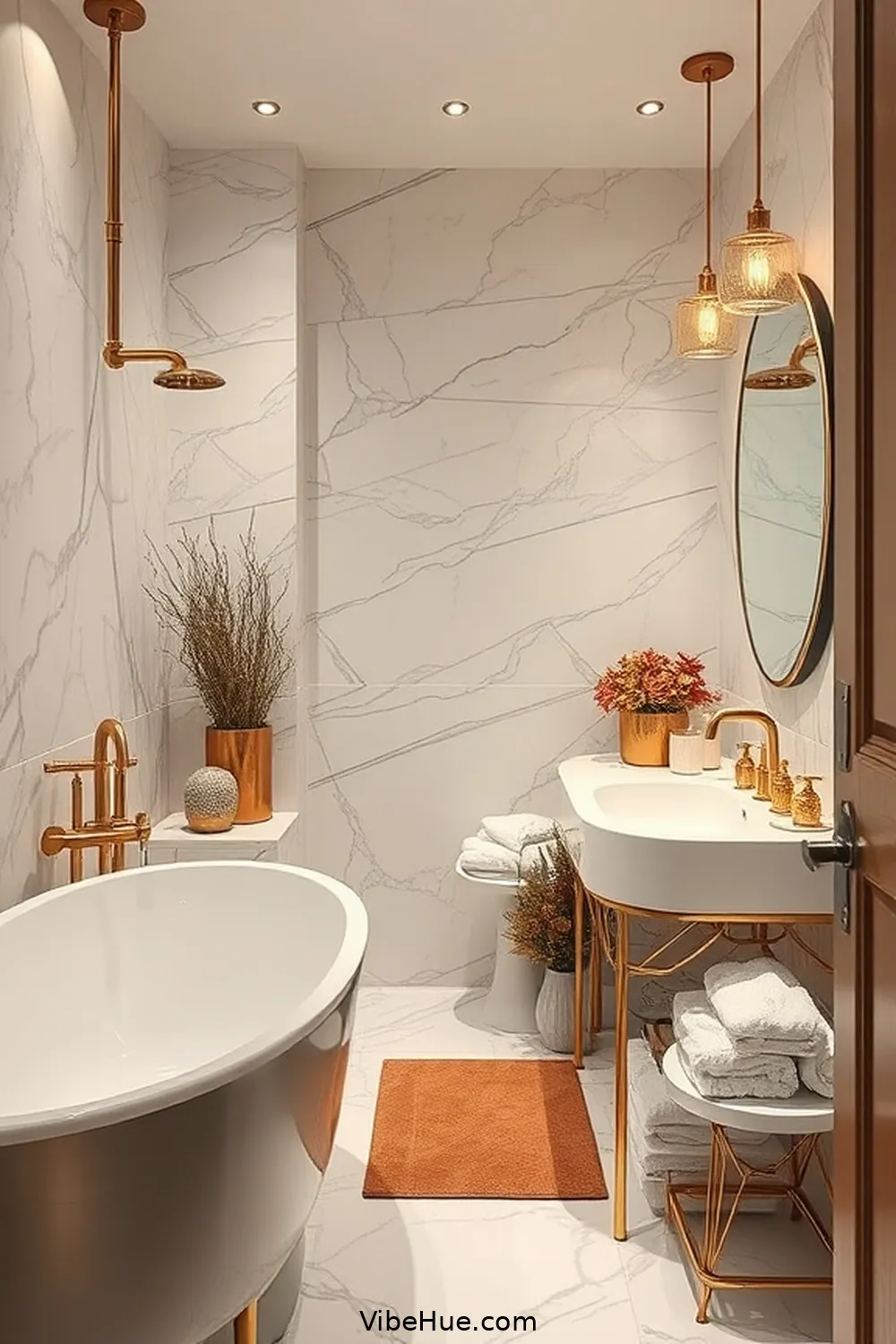 Incorporate Metallic Accents for 22 Ways to Achieve Fall Bathroom Modern Glam Style