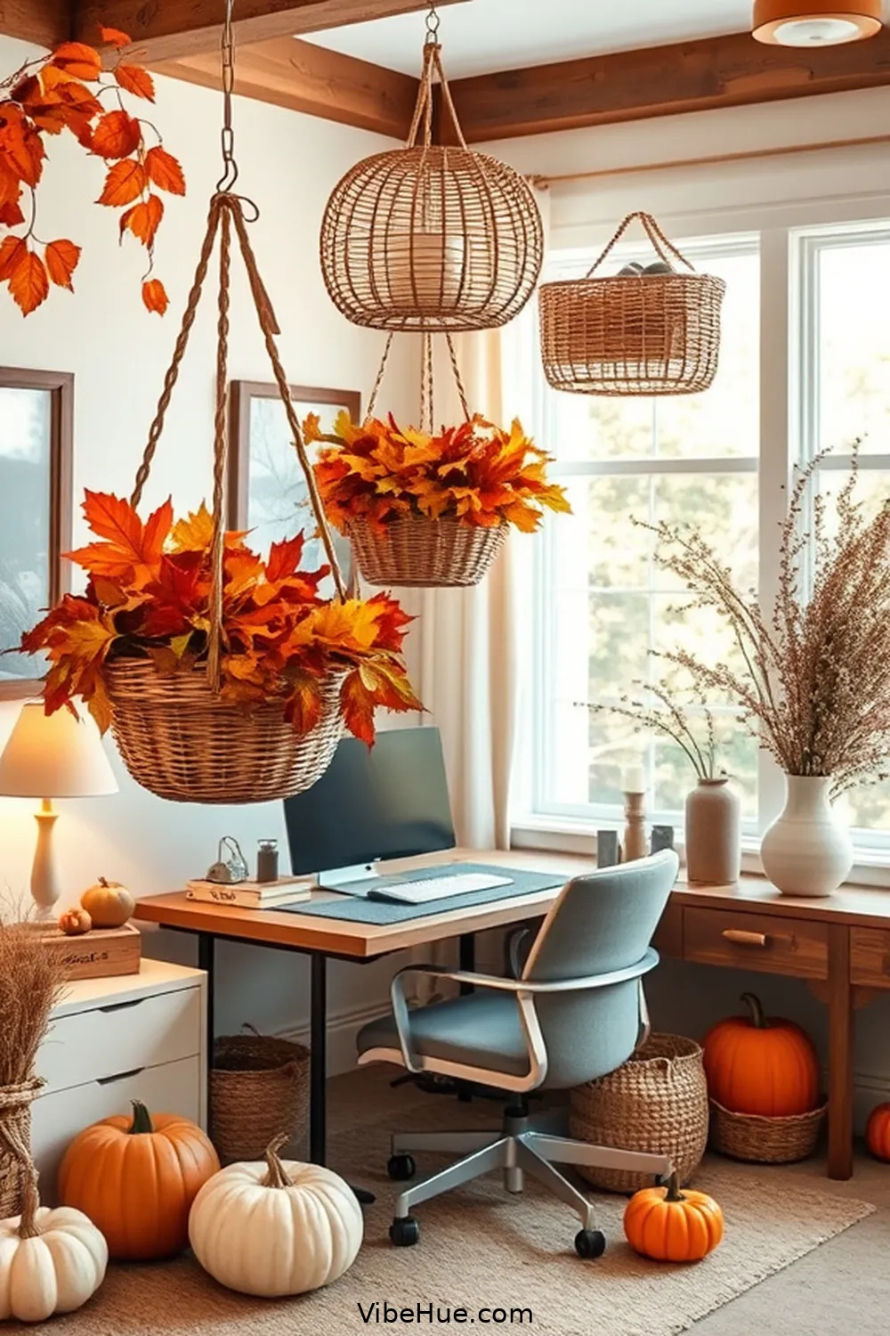22 Ways to Create a Fall Home Office in Modern Farmhouse Style 10 Hang Woven Baskets for 22 Ways to Create a Fall Home Office in Modern Farmhouse Style