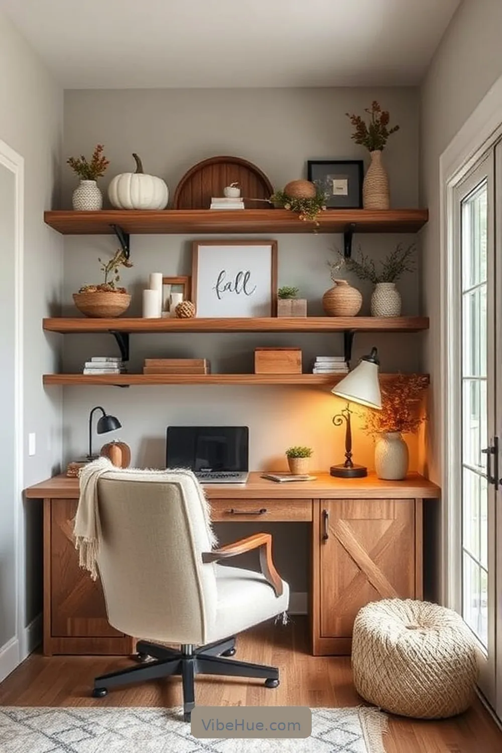 22 Ways to Create a Fall Home Office in Modern Farmhouse Style 16 Use Wooden Shelving for 22 Ways to Create a Fall Home Office in Modern Farmhouse Style