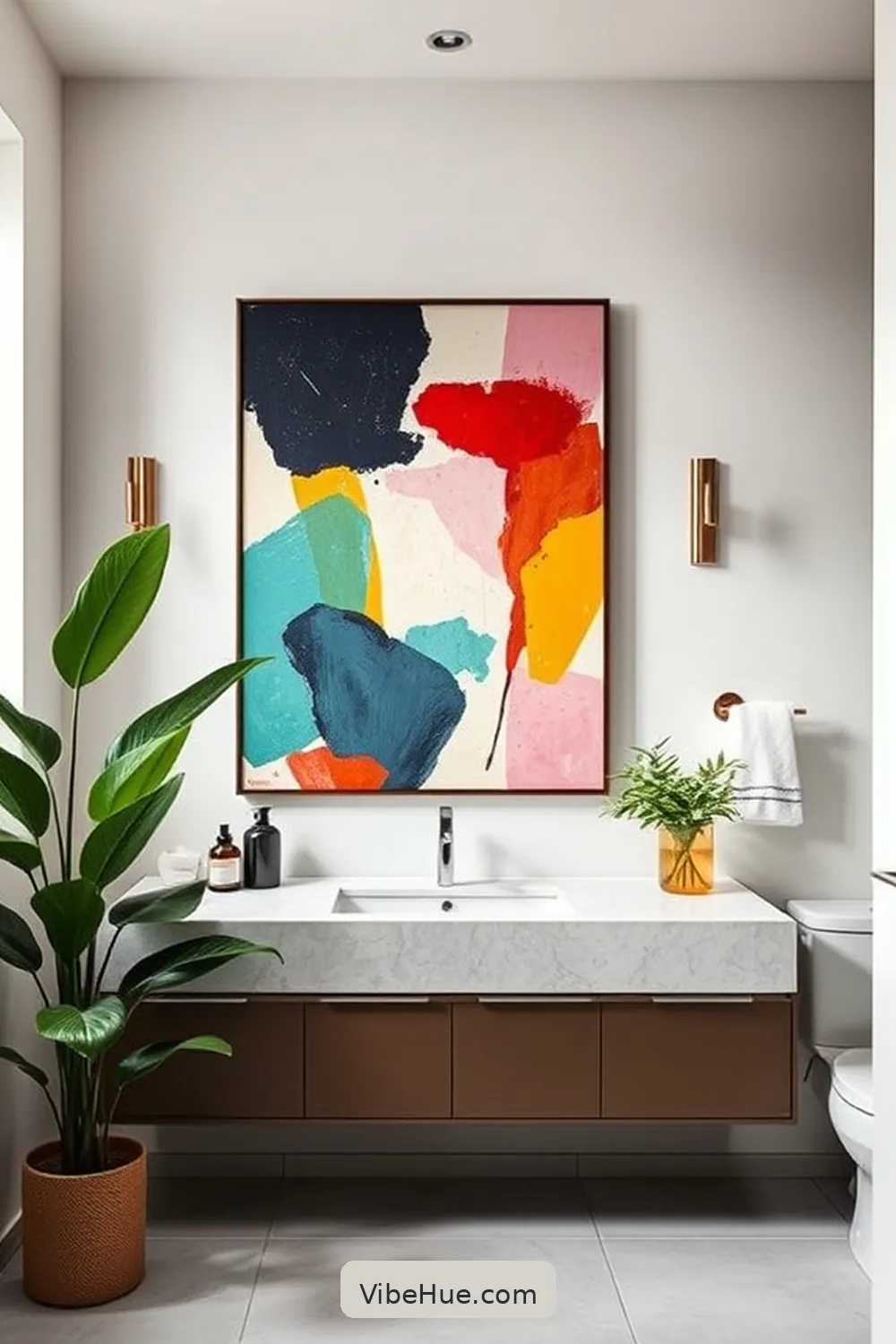 22 Ways to Create a Spring Bathroom in Mid-Century Modern Style 10 Frame With Bold Artwork for 22 Ways to Create a Spring Bathroom in Mid-Century Modern Style