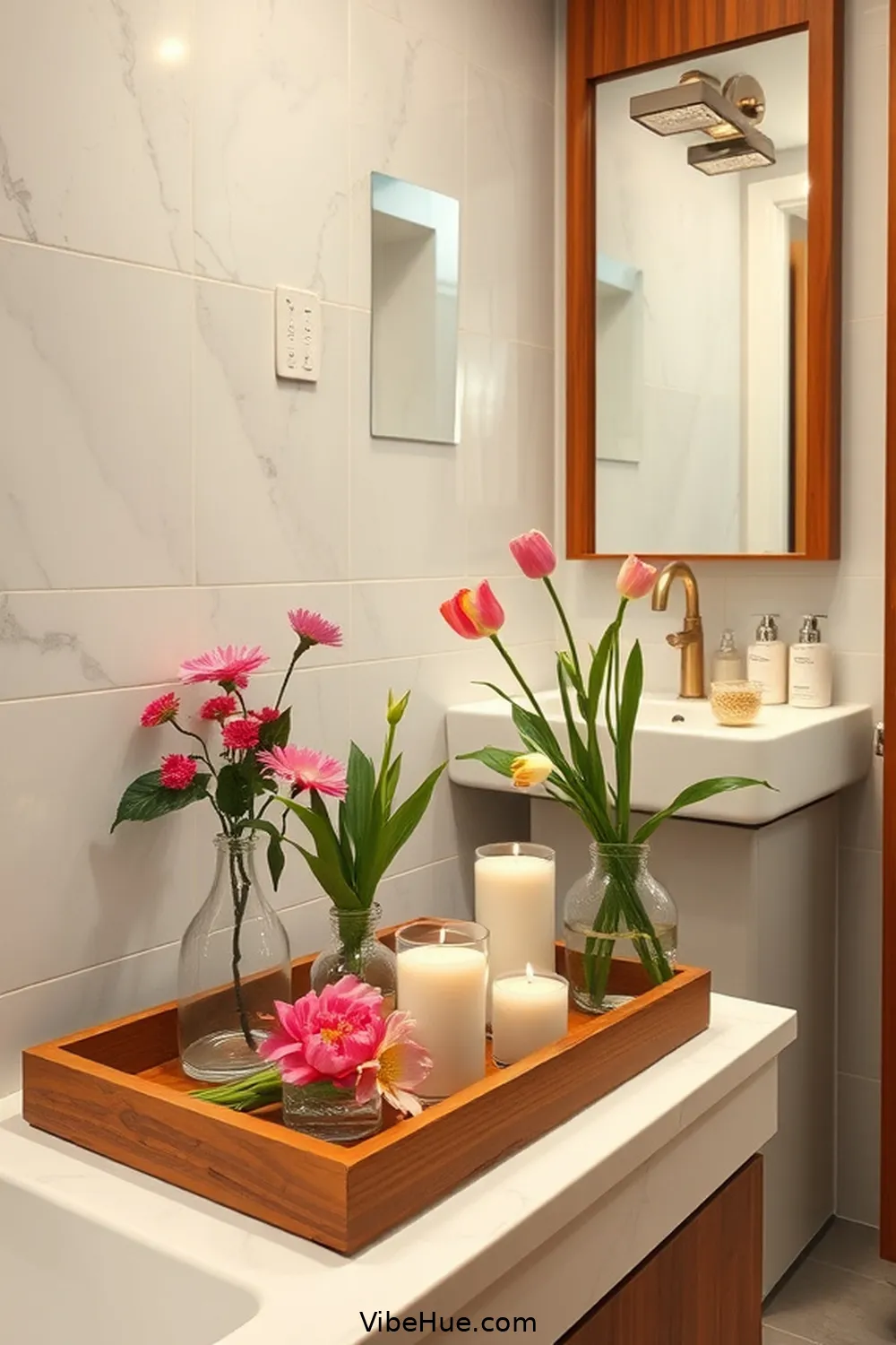 22 Ways to Create a Spring Bathroom in Mid-Century Modern Style 20 Use Decorative Trays for 22 Ways to Create a Spring Bathroom in Mid-Century Modern Style
