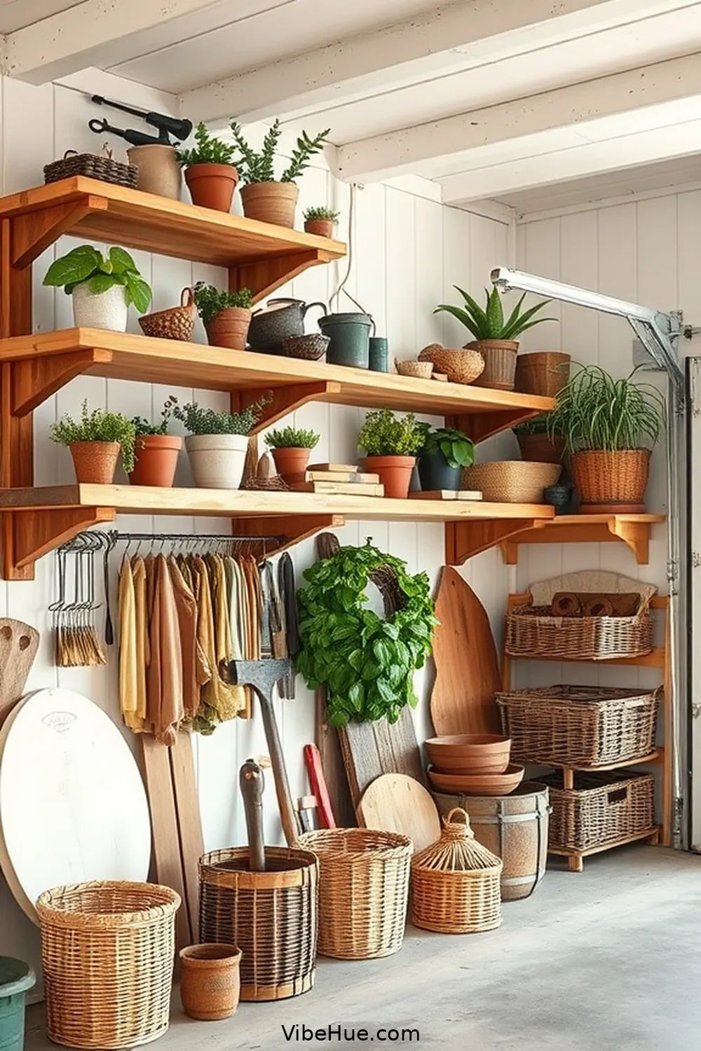 Install Wooden Shelving for 22 Ways to Create a Spring Garage in Modern Farmhouse Style