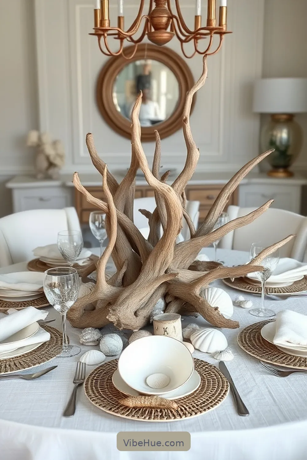 23 Coastal Style Ideas for Your Holiday Dining Room 9 Create a Centerpiece With Driftwood for 23 Coastal Style Ideas for Your Holiday Dining Room