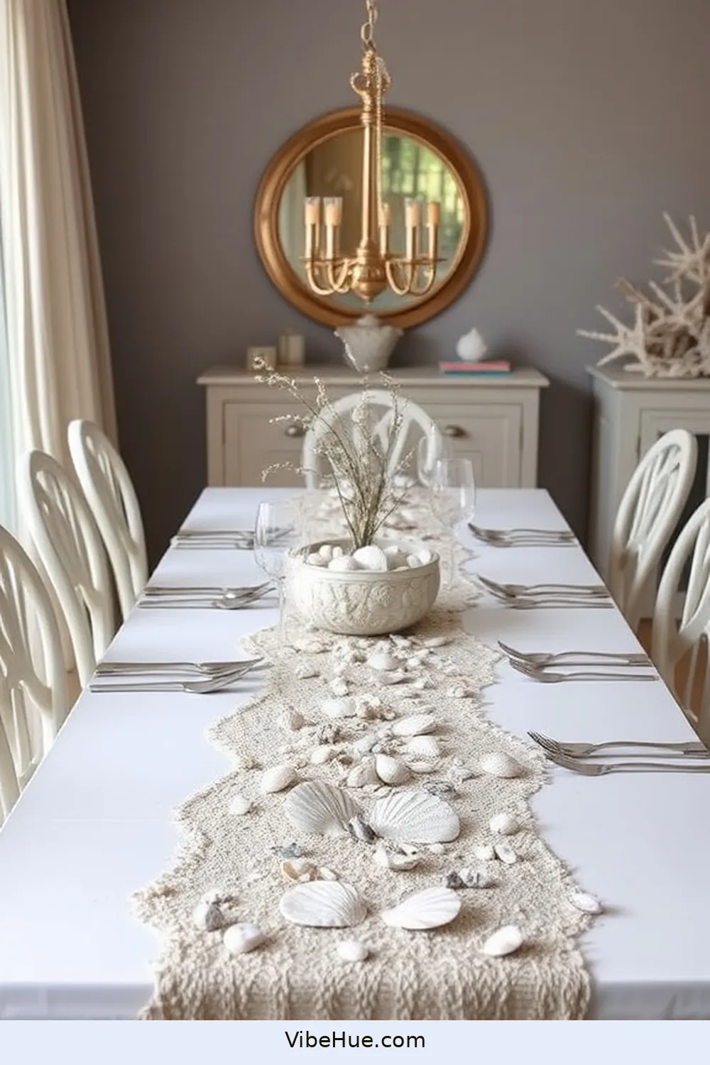 23 Coastal Style Ideas for Your Holiday Dining Room 17 Use a Sand and Shell Table Runner for 23 Coastal Style Ideas for Your Holiday Dining Room