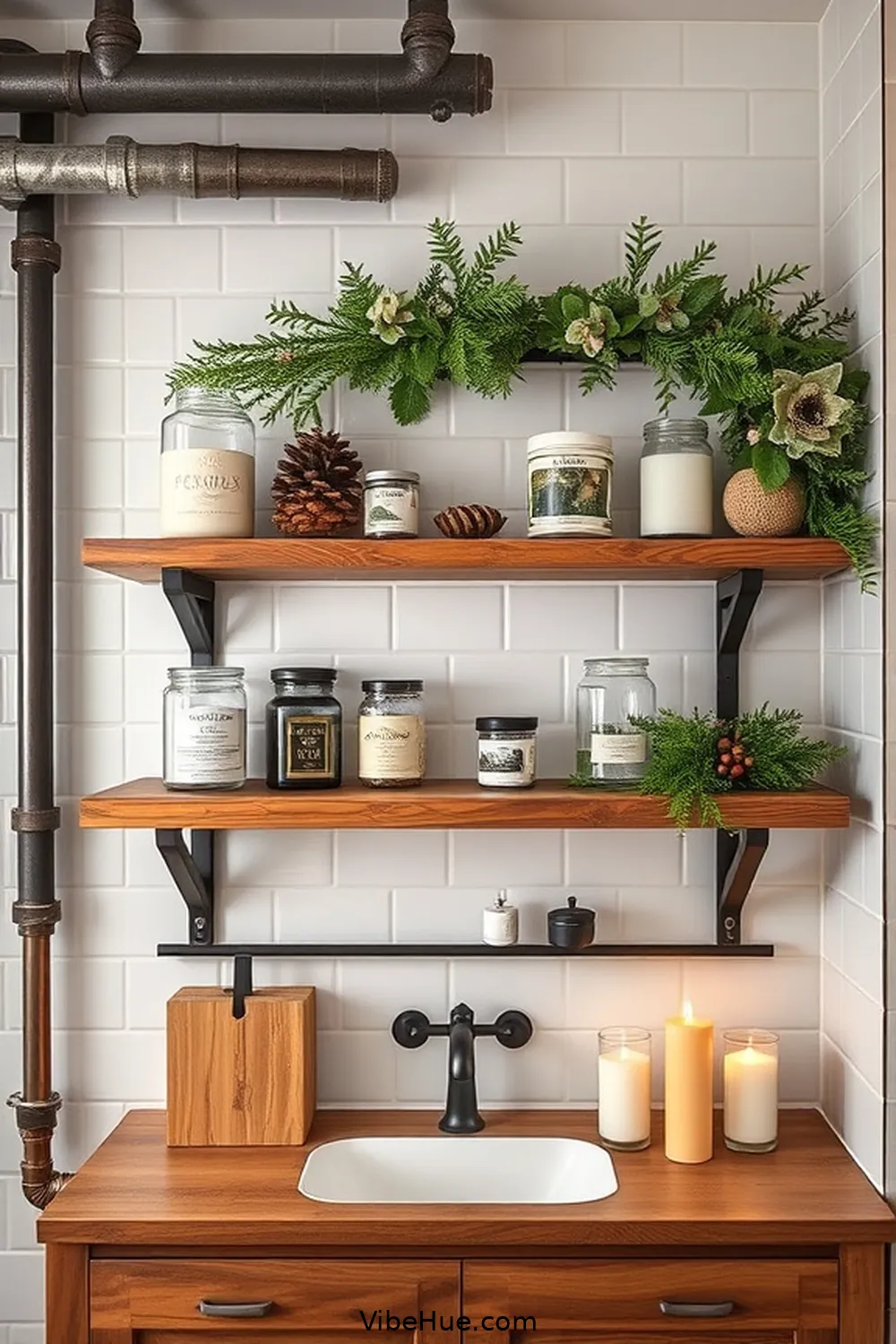 23 Industrial Style Touches for a Holiday Bathroom 9 Display Rustic Shelving for 23 Industrial Style Touches for a Holiday Bathroom